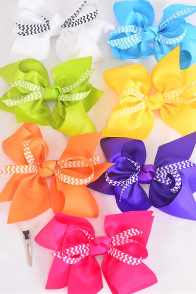 Hair Bow Jumbo Center Chevron Ribbon Grosgrain Bow-tie Citrus / 12 pcs Bow = Dozen Alligator Clip , Size - 6" x 5" Wide , 2 Fuchsia , 2 Blue , 2 Yellow , 2 Purple , 2 White , 1 Lime , 1 Orange Color Mix , Clip Strip & UPC Code