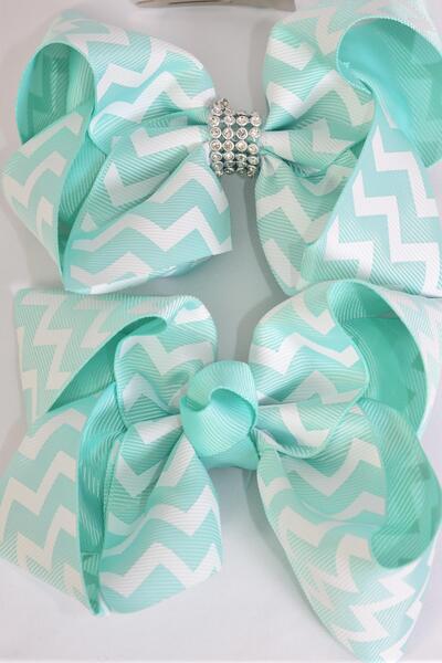 Hair Bow Jumbo Chevron Grosgrain Bow-tie Mint Green / 12 pcs Bow = Dozen  Mint Green , Alligator Clip , Size - 6" x 5" Wide , Clip Strip & UPC Code