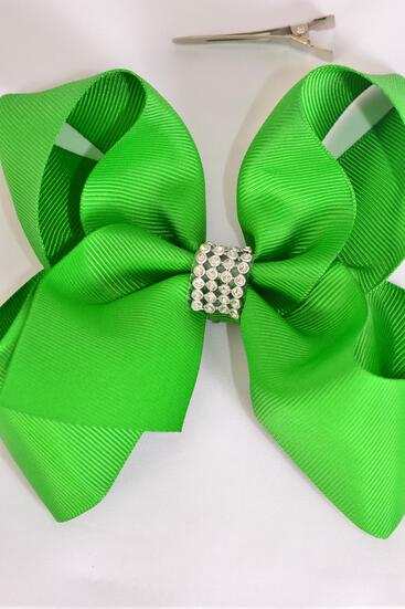 Hair Bow Jumbo Center Clear Stones Kelly Green Grosgrain Bow-tie /12 pcs Bow = Dozen Classic Green , Alligator Clip , Bow - 6" x 5" , Clip Strip & UPC Code