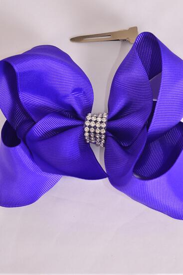 Hair Bow Jumbo Center Clear Stones Purple Grosgrain Bow-tie / 12 pcs Bow = Dozen  Purple , Alligator Clip , Bow - 6" x 5", Clip Strip & UPC Code