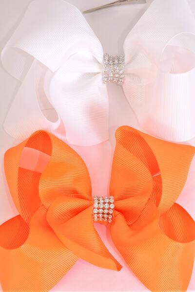Hair Bow Jumbo Center Clear Stones Orange White Color Mix Grosgrain Bow-tie / 12 pcs Bow = Dozen  Alligator Clip , Bow - 6" x  5" , 6 Orange , 6 White Color Asst , Clip Strip & UPC Code