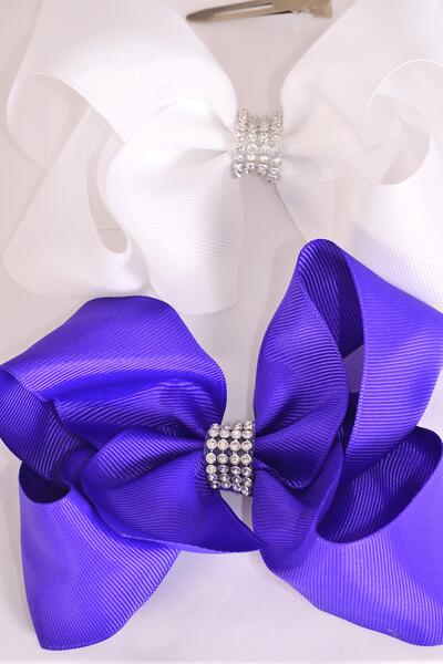 Hair Bow Jumbo Center Clear Stones Purple White Mix Grosgrain Bow-tie / 12 pcs Bow = Dozen Alligator Clip , Bow - 6" x 5" Wide , 6 Purple , 6 White Color Asst , Clip Strip & UPC Code