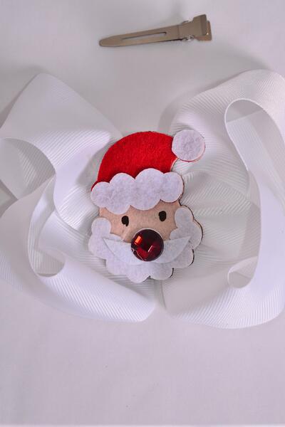 Hair Bow Jumbo Christmas center Cute Santa Charm Grosgrain Bow-tie White / 12 pcs Bow = Dozen White , Alligator Clip , Size - 6" x 5" Wide , Clip Strip & UPC Code