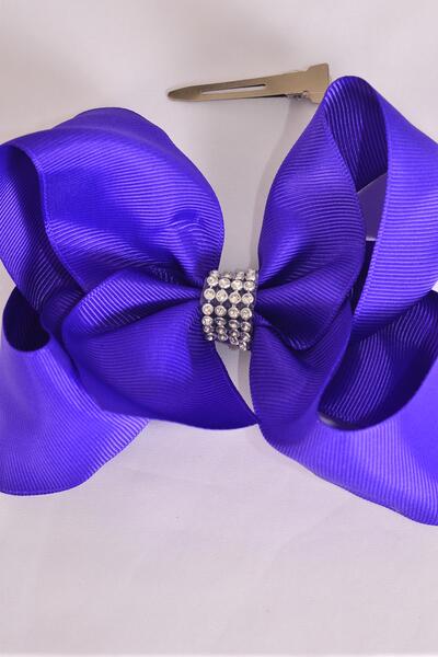 Hair Bow Jumbo Center Clear Stones Purple Grosgrain Bow-tie / 12 pcs Bow = Dozen  Purple , Alligator Clip , Bow - 6" x 5", Clip Strip & UPC Code