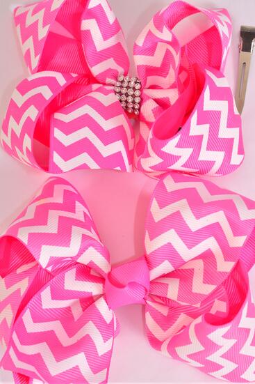 Hair Bow Jumbo Chevron Grosgrain Bow-tie Hot Pink / 12 pcs Bow = Dozen  Hot Pink , Alligator Clip , Size - 6" x 5" Wide , Clip Strip & UPC Code