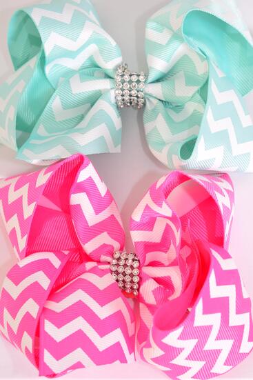 Hair Bow Jumbo Chevron Grosgrain Bow-tie Hot Pink Mint Green Color Asst / 12 pcs Bow = Dozen Alligator Clip , Size - 6" x 5" Wide , 6 Hot Pink , 6 Mint Green Color Asst , Clip Strip and UPC Code