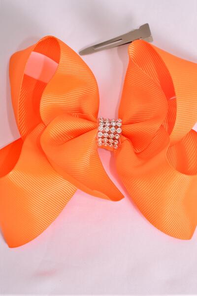 Hair Bow Jumbo Center Clear Stones Autumn Orange Grosgrain Bow-tie / 12 pcs Bow = Dozen  Orange , Alligator Clip , Bow - 6" x 5" , Clip Strip & UPC Code