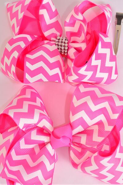 Hair Bow Jumbo Chevron Grosgrain Bow-tie Hot Pink / 12 pcs Bow = Dozen  Hot Pink , Alligator Clip , Size - 6" x 5" Wide , Clip Strip & UPC Code