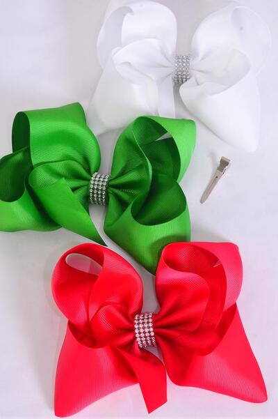Hair Bow Jumbo Center Clear Stones Red White Green Mix Grosgrain Bow-tie / 12 pcs Bow = Dozen Alligator Clip , Size - 6" x 5" Wide , 4 of each Pattern Asst , Clip Strip & UPC Code.