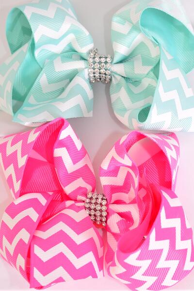 Hair Bow Jumbo Chevron Grosgrain Bow-tie Hot Pink Mint Green Color Asst / 12 pcs Bow = Dozen Alligator Clip , Size - 6" x 5" Wide , 6 Hot Pink , 6 Mint Green Color Asst , Clip Strip and UPC Code