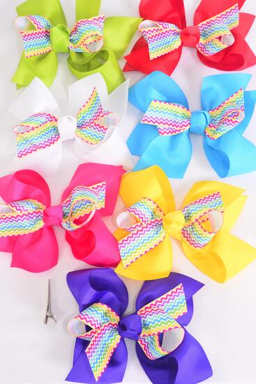 Hair Bow Jumbo Chevron Aztec Pattern Grosgrain Bow-tie Multi / 12 pcs Bow = Dozen Alligator Clip , Size - 6" x 5" Wide , 2 Fuchsia , 2 Blue , 2 Yellow , 2 Purple , 2 White , 1 Lime , 1 Red Color Mix , Clip Strip and UPC Code