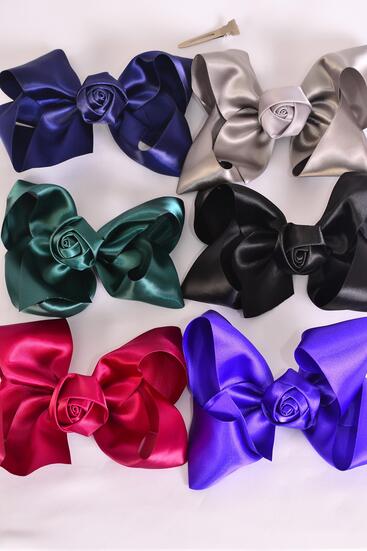 Hair Bow Jumbo Satin Rose Dark Multi / 12 pcs Bow = Dozen Dark Multi , Alligator Clip , Size - 6" x 5" Wide , 2 Of each Color Asst , Clip Strip & UPC Code
