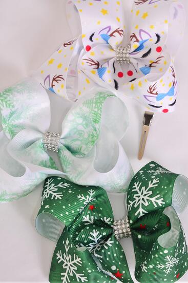 Hair Bow Jumbo Reindeer Snowflake Pattern Mix Grosgrain Bow-tie / 12 pcs Bow = Dozen  Alligator Clip , Size - 6" x 5" Wide , 4 Of Each Color Asst , Clip Strip & UPC Code
