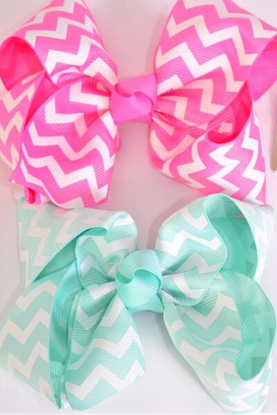 Hair Bow Jumbo Chevron Grosgrain Bow-tie Hot Pink Mint Green Color Asst / 12 pcs Bow = Dozen Alligator Clip , Size - 6" x 5" Wide , 6 Hot Pink , 6 Mint Green Color Asst , Clip Strip and UPC Code