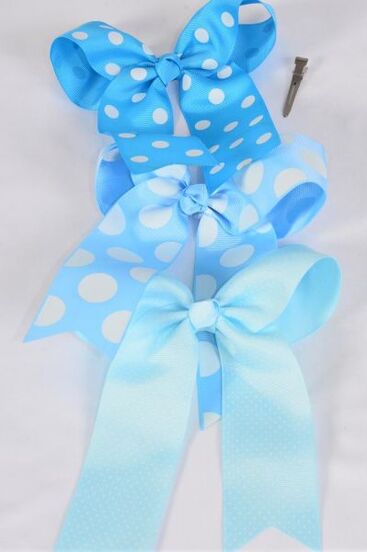 Hair Bow Jumbo Long Tail Polka Dot Blue Mix Grosgrain Bow-tie / 12 pcs Bow = Dozen Alligator Clip , Size - 6.5" x 6" Wide , 4 turquoise , 4 Sky Blue , 4 Baby Blue Pattern Asst , Clip Strip & UPC Code