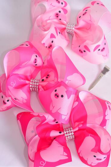 Hair Bow Jumbo Piggy Cute Farm Animal Grosgrain Bow-tie / 12 pca Bow = Dozen  Piggy , Alligator Clip , Bow - 6" x 5" Wide , 4 of each Pattern Asst , Clip Strip & UPC Code