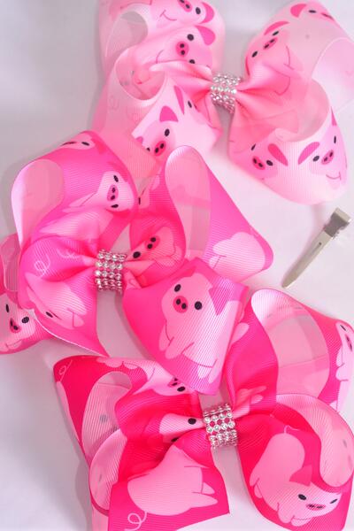 Hair Bow Jumbo Piggy Cute Farm Animal Grosgrain Bow-tie / 12 pca Bow = Dozen  Piggy , Alligator Clip , Bow - 6" x 5" Wide , 4 of each Pattern Asst , Clip Strip & UPC Code