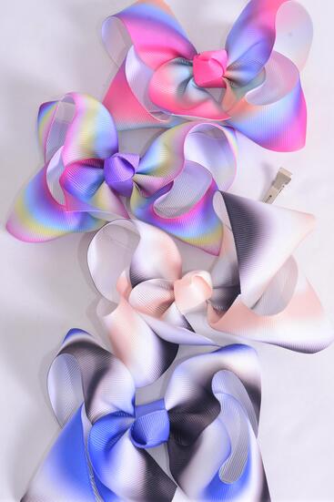 Hair Bow Jumbo Gradient Tiedye Grosgrain Bow-tie / 12 pcs Bow = Dozen  Alligator Clip , Size - 6" x 5" Wide , 3 Of Each Pattern Asst , Clip Strip and UPC Code