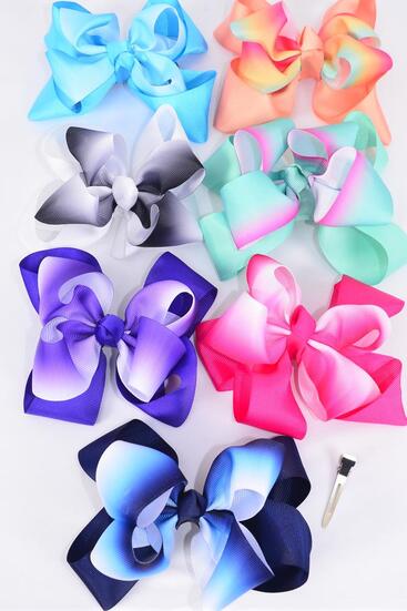 Hair Bow Jumbo Double Layered Gradient Tiedye Grosgrain Bow-tie / 12 pcs Bow = Dozen Multi , Alligator Clip , Size - 6" x 5" Wide , 2 Aqua , 2 White , 2 Fuchsia , 2 Purple , 2 Navy , 1 Blue , 1 Peach Color Asst , Clip Strip & UPC Code