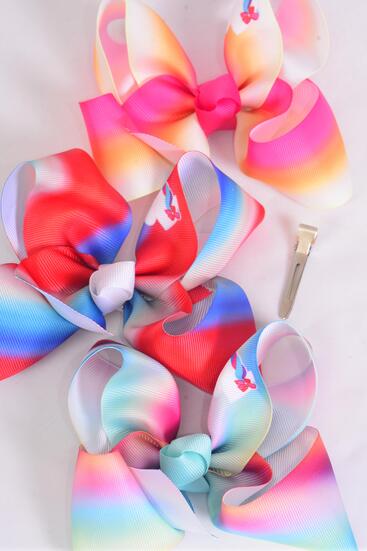 Hair Bow Jumbo Gradient Tiedye  Unicorn Grosgrain Bow-tie / 12 pcs Bow = Dozen  Unicorn , Alligator Clip , Size - 6" x 5" Wide , 4 of each Pattern Asst , Clip Strip & UPC Code