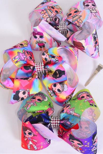 Hair Bow Jumbo LOL Doll Gradient Tiedye Grosgrain Bow-tie / 12 pcs = Dozen Alligator Clip , Size - 6" x 5" Wide , 4 Of Each Pattern Asst , Clip Strip and UPC Code