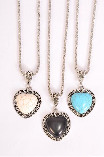 Necklace Silver Chain Metal Antique Heart Semiprecious Stone / 12 pcs = Dozen  Match 02932 Pendant -1.25" x 1" Wide , Chain-18" Extension Chain , 4 Ivory , 4 Black , 4 Turquoise Asst , Hang Tag & OPP Bag & UPC Code