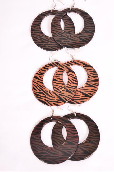 Earrings Poly Zebra Brown Tone Mix / 12 pair = Dozen Fish Hook , Size - 2.5" Wide , 4 of each Pattern Asst , Earring Card & OPP Bag & UPC Code