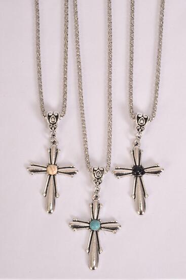 Necklace Silver Chain Metal Cross Antique Semiprecious Stone / 12 pcs = Dozen match 27120 02677 Pendant - 1.5" x 1" Wide , Chain - 18" Extension Chain , 4 Ivory , 4 Black , 4 Turquoise Asst , Hang Tag & OPP Bag & UPC Code
