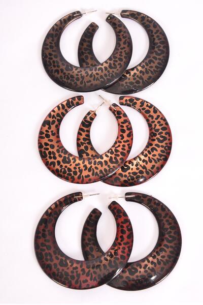 Earrings Poly Hoop Leopard Pattern Mix Post / 12 pair = Dozen Post , Size - 2.25" Wide , 4 Of each Pattern Asst , Earring Card & OPP Bag & UPC Code