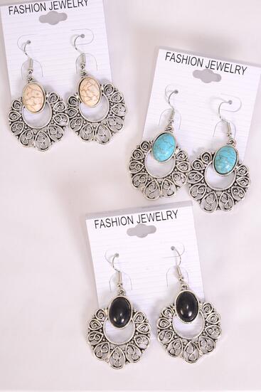 Earrings Metal Antique Filigree Like Semiprecious Stone / 12 pair = Dozen match 70079 Fish Hook , Size - 1.5" x 1.25" Wide , 4 Black , 4 Ivory , 4 Turquoise Asst , Earring Card & OPP Bag & UPC Code