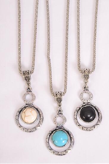 Necklace Silver Chain Metal Antique Round Dangle Semiprecious Stone / 12 pcs = Dozen  match 02972 Pendant - 1.5" x 1" Wide , Chain-18" Extension Chain , 4 Ivory , 4 Black , 4 Turquoise Asst , Hang Tag & OPP Bag & UPC Code
