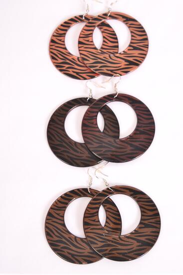 Earrings Poly Zebra Brown Tone Mix / 12 pair = Dozen Fish Hook , Size - 2.5" Wide , 4 of each Pattern Asst , Earring Card & OPP Bag & UPC Code
