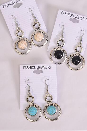 Earrings Metal Antique Round Dangle Semiprecious Stone / 12 pair = Dozen  match 76010 Fish Hook , Size - 1.5" x 1" Wide , 4 Black , 4 Ivory , 4 Turquoise Asst , Earring Card & OPP Bag & UPC Code 