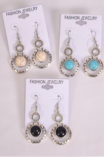 Earrings Metal Antique Round Dangle Semiprecious Stone / 12 pair = Dozen  match 76010 Fish Hook , Size - 1.5" x 1" Wide , 4 Black , 4 Ivory , 4 Turquoise Asst , Earring Card & OPP Bag & UPC Code 
