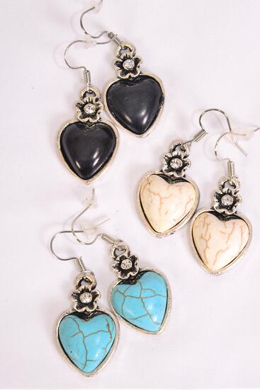 Earrings Metal Antique Heart Semiprecious Stone / 12 pair = Dozen Fish Hook , Size - 1.25" x 1.25" Wide , 4 Black , 4 Ivory , 4 Turquoise Color Asst , Earring Card & OPP Bag & UPC Code