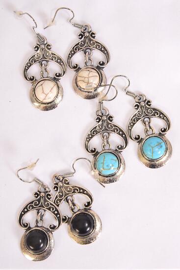 Earrings Metal Antique Semiprecious Stone / 12 pair = Dozen Fish Hook , Size - 1.25" x 1" Wide , 4 Black , 4 Ivory , 4 Turquoise Color Asst , Earring Card & OPP Bag & UPC Code-