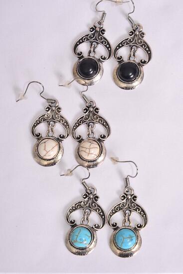 Earrings Metal Antique Semiprecious Stone / 12 pair = Dozen Fish Hook , Size - 1.25" x 1" Wide , 4 Black , 4 Ivory , 4 Turquoise Color Asst , Earring Card & OPP Bag & UPC Code-