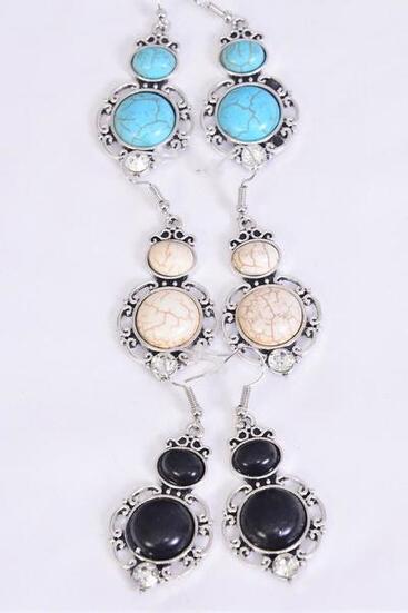 Earrings Metal Antique Dangle Semiprecious Stone / 12 pair = Dozen Fish Hook , Size - 1.5" x 1" Wide , 4 Black , 4 Ivory , 4 Turquoise Asst , Earring Card & OPP Bag & UPC Code -