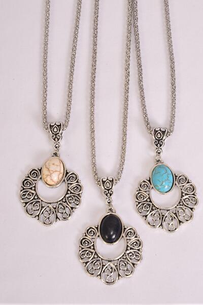 Necklace Silver Chain Oval Filigree Metal Antique Semiprecious Stone/ 12 pcs = Dozen match 02679 Pendant -1.5" x 1.25" Wide , Chain -18" Extension Chain , 4 Ivory , 4 Black , 4 Turquoise Asst , Hang Tag & OPP Bag & UPC Code
