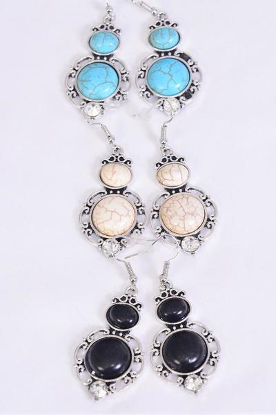 Earrings Metal Antique Dangle Semiprecious Stone / 12 pair = Dozen Fish Hook , Size - 1.5" x 1" Wide , 4 Black , 4 Ivory , 4 Turquoise Asst , Earring Card & OPP Bag & UPC Code -