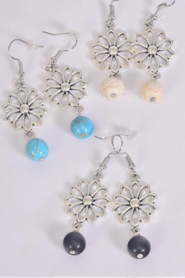 Earrings Metal Daisy Flower Semiprecious Stone / 12 pair = Dozen Fish Hook , Size - 1.25" x 1" Wide , 4 Black , 4 Ivory , 4 Turquoise Asst , Earring Card & OPP Bag & UPC Code