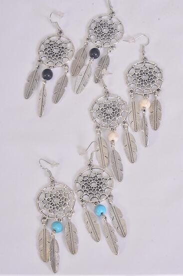 Earrings Metal Antique Dream Catcher Semiprecious Stone / 12 pair = Dozen match 70083 Fish Hook , Size - 2" x 1" Wide , 4 Black , 4 Ivory , 4 Turquoise Asst , Earring Card & OPP Bag & UPC Code