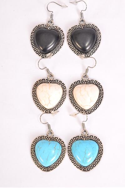Earrings Metal Antique Heart Semiprecious Stone / 12 pair = Dozen  Match 70003 Fish Hook , Size - 1.25" x 1" Wide , 4 Black , 4 Ivory , 4 Turquoise Color Asst , Earring Card & OPP Bag & UPC Code