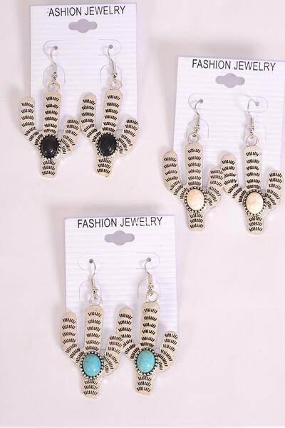 Earrings Metal Antique Cactus Semiprecious Stone / 12 pair = Dozen Match 70314  Fish Hook , Size - 1.5" x 0.75" Wide , 4 Black , 4 Ivor y , 4 Turquoise Asst , Earring Card & OPP Bag & UPC Code