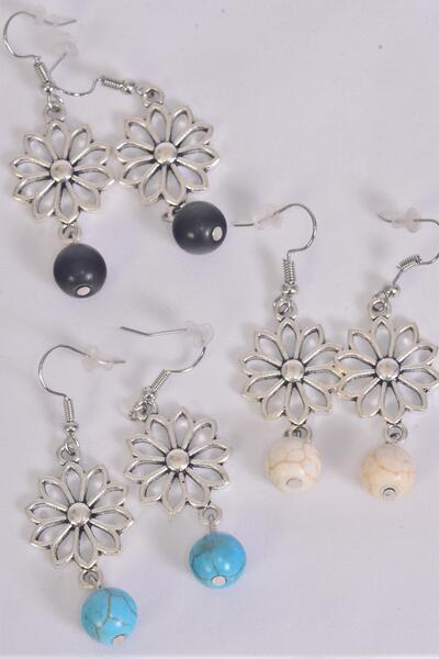 Earrings Metal Daisy Flower Semiprecious Stone / 12 pair = Dozen Fish Hook , Size - 1.25" x 1" Wide , 4 Black , 4 Ivory , 4 Turquoise Asst , Earring Card & OPP Bag & UPC Code