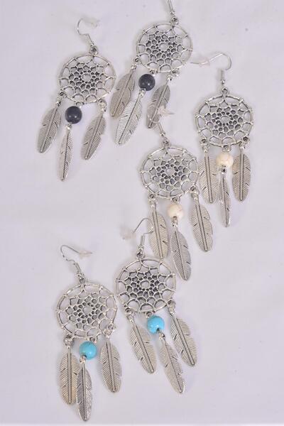 Earrings Metal Antique Dream Catcher Semiprecious Stone / 12 pair = Dozen match 70083 Fish Hook , Size - 2" x 1" Wide , 4 Black , 4 Ivory , 4 Turquoise Asst , Earring Card & OPP Bag & UPC Code
