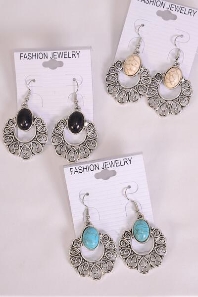 Earrings Metal Antique Filigree Like Semiprecious Stone / 12 pair = Dozen match 70079 Fish Hook , Size - 1.5" x 1.25" Wide , 4 Black , 4 Ivory , 4 Turquoise Asst , Earring Card & OPP Bag & UPC Code