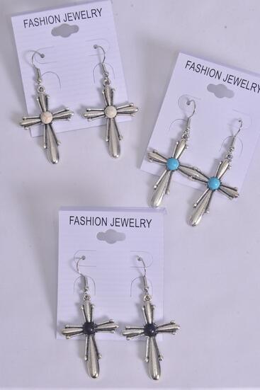 Earrings Metal Antique Cross Semiprecious Stone / 12 pair = Dozen match 27120  76026 Fish Hook , Size - 1.5" x 1" Wide , 4 Black , 4 Ivory , 4 Turquoise Asst , Earring Card & OPP Bag & UPC Code 