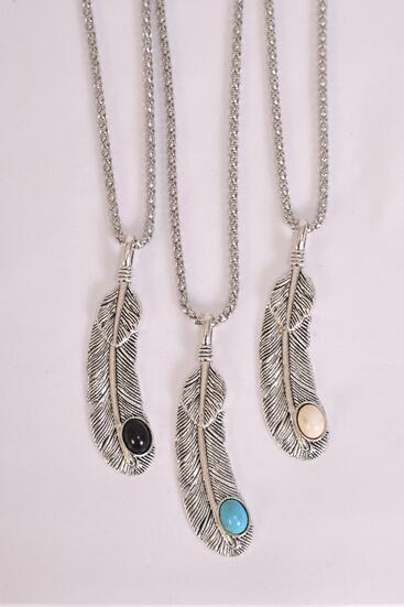Necklace Silver Chain Feather Western Semiprecious Stone / 12 pcs = Dozen Pendant - 2" x 0.5" Wide , Chain - 18" Extension Chain , 4 Ivory , 4 Black , 4 Turquoise Color Asst , Hang Tag & OPP Bag & UPC Code