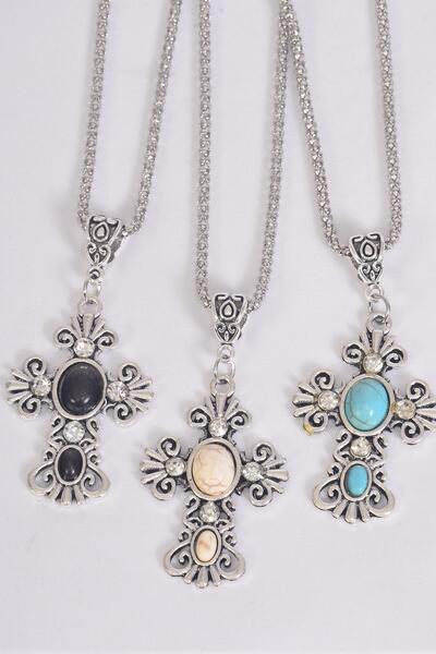 Necklace Silver Chain Cross Semiprecious Stone / 12 pcs = Dozen match 02586  25002 Cross , Pendant - 1.75" x 1.25" Wide , 18" Extension Chain , 4 Ivory , 4 Black , 4 Turquoise Asst , Hang Tag & OPP Bag & UPC Code